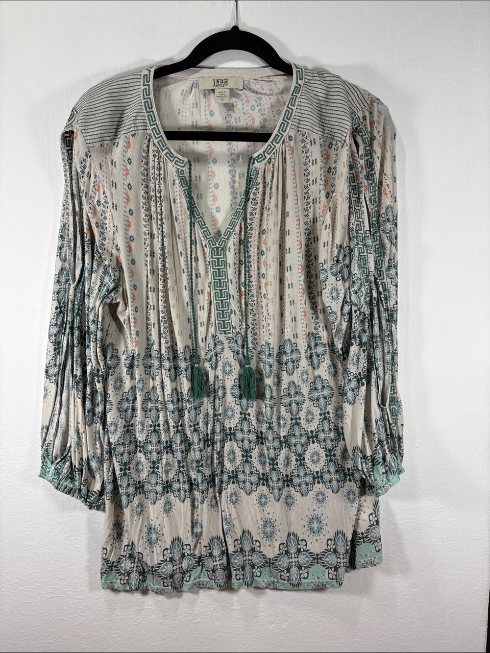 Vintage America Blues Havana Women's Cream & Teal Printed Peasant Top